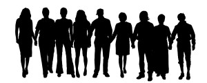 Vector silhouettes of different people on a white background.